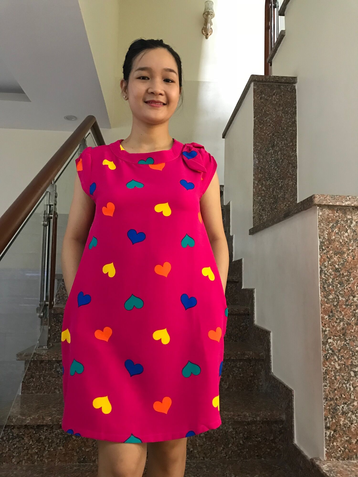 [HCM]Đầm bầu suông nơ vai (hồng)