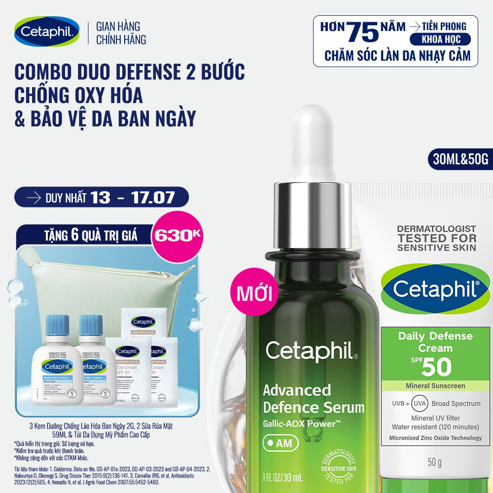Combo Serum Tinh chất bảo vệ dưỡng da Cetaphil Advanced Defence 30ml và Kem chống nắng dưỡng ẩm 2in1 cho da thiên dầu nhạy cảm Cetaphil Daily Defense Cream SPF50 50G