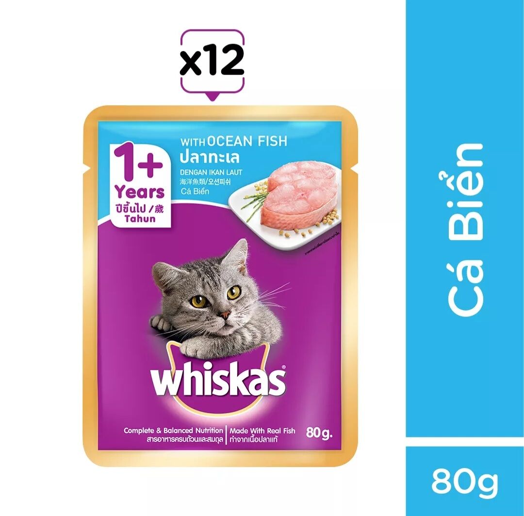 Thức ăn Whiskas cho mèo dạng Pate vị Cá biển 12 gói x 80g