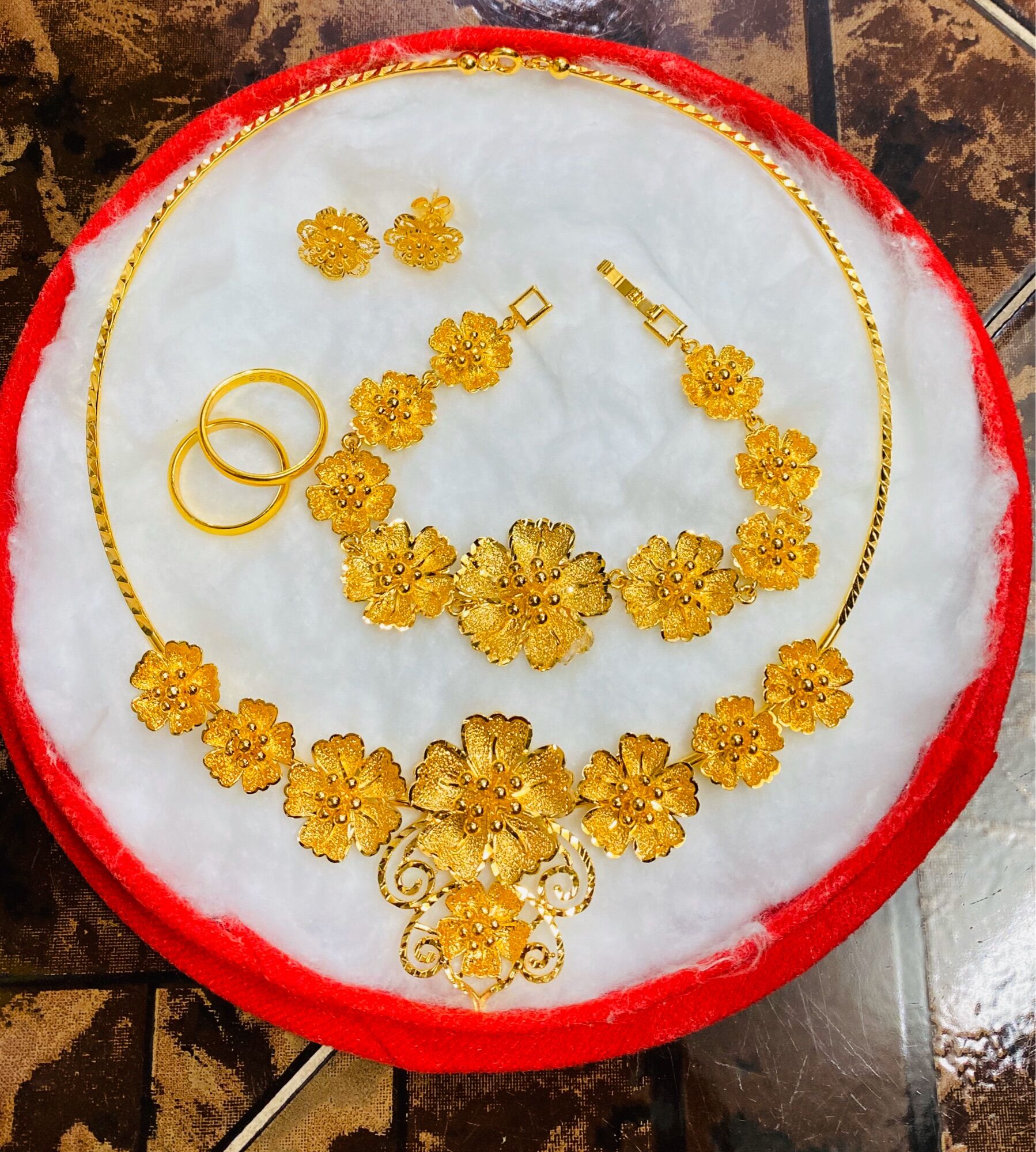 Nguyên bộ trang sức cưới hoa mai mạ vàng 24k cao cấp mẫu mới về cực đẹp cực sang có tặng kèm 1 hộp nhung đỏ đựng y hình