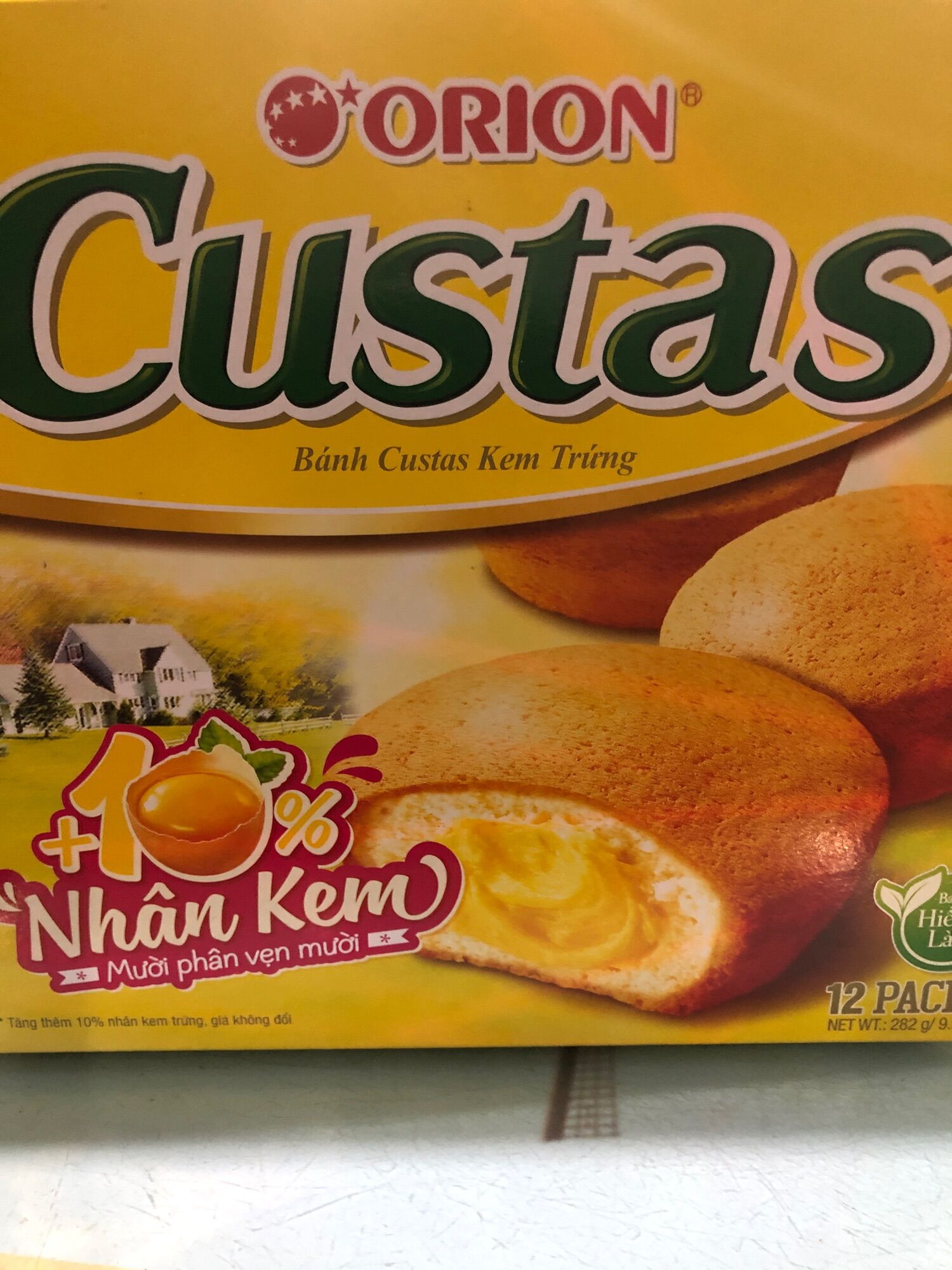 Bánh Orion Custas Kem Trứng Hộp 282g (12 cái), bánh bông lan nhân kem trứng, mềm thơm, béo ngọt, Bách hóa Minh Anh