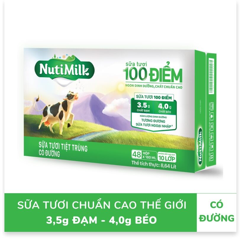 Thùng 48 bịch sữa tươi nutimilk 100 điểm có đường 180ml