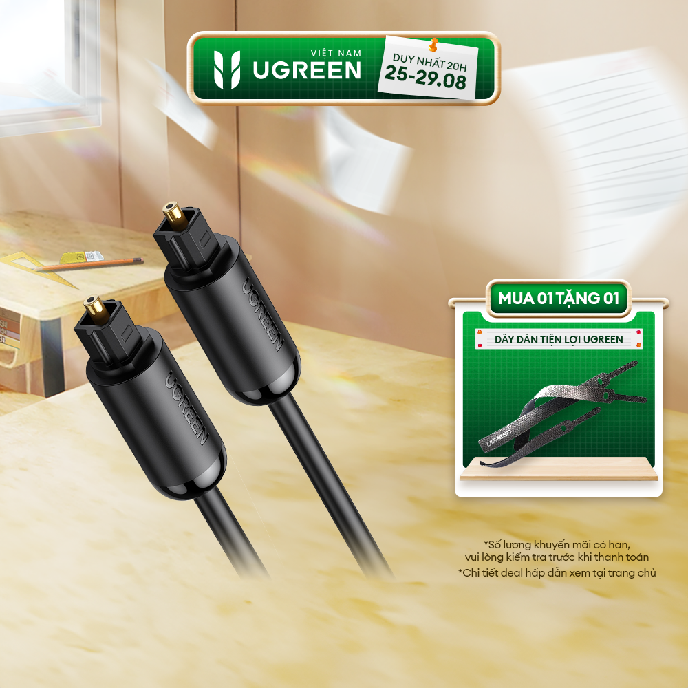 Cáp audio quang Toslink Optical UGREEN 70890 | Hỗ trợ âm thanh 5.1/ 7.1 | Đầu cáp mạ vàng | Bảo hành 18 tháng 1 đổi 1 | 70890 70891 70892 70893.