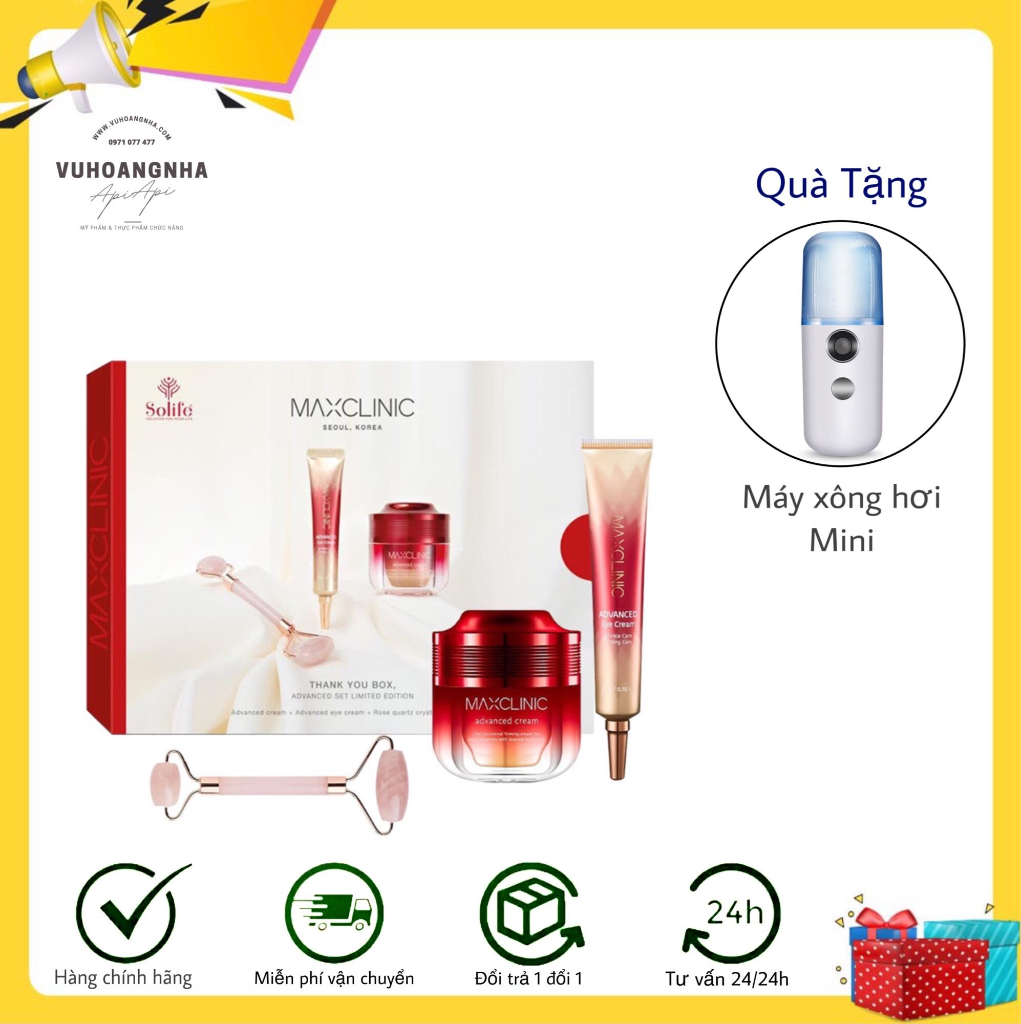 [Hcm][Hàng Chính Hãng] Bộ Kem Dưỡng Da Mặt Căng Bóng Nâng Cơ Chống Lão Hóa Serum Chống Thâm Vùng Mắt Maxclinic (Tặng Thanh Lăn Đá)