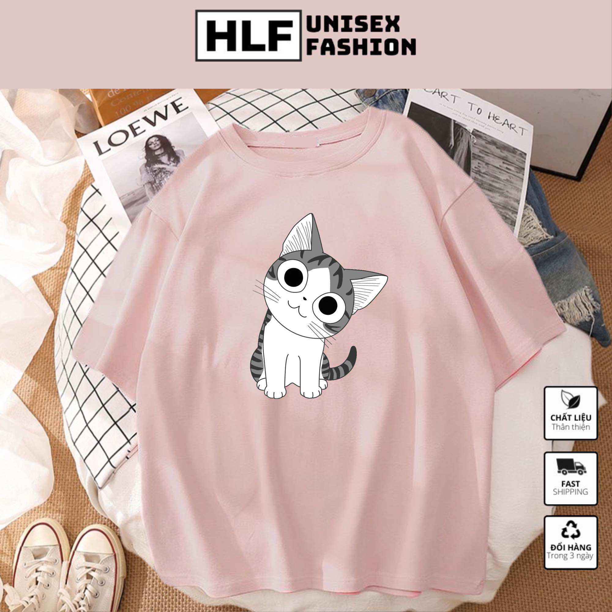 Áo thun tay lỡ form rộng MÈO đáng yêu áo phông form rộng size HLFashion