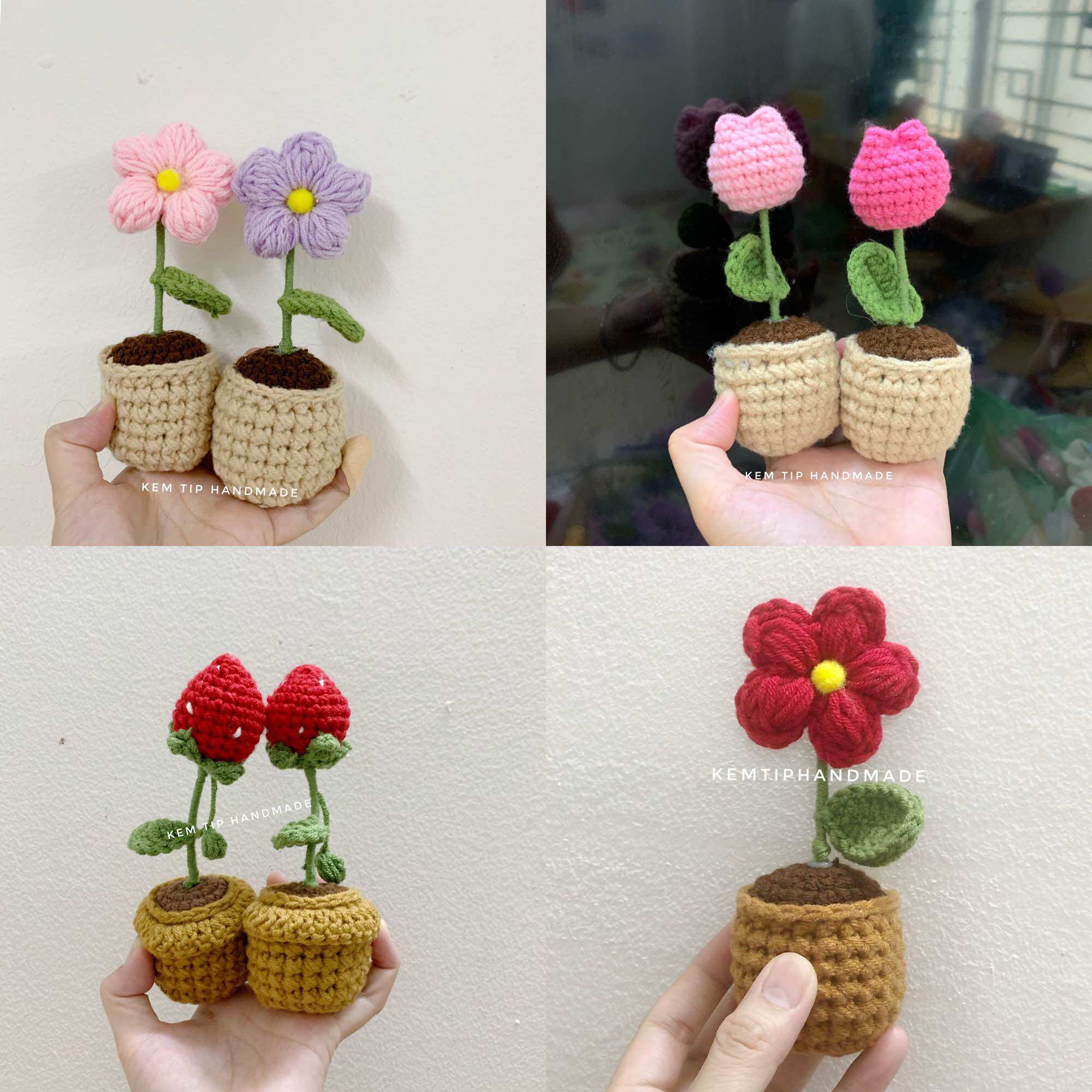 Chậu hoa mini bằng len nhiều màu có sẵn