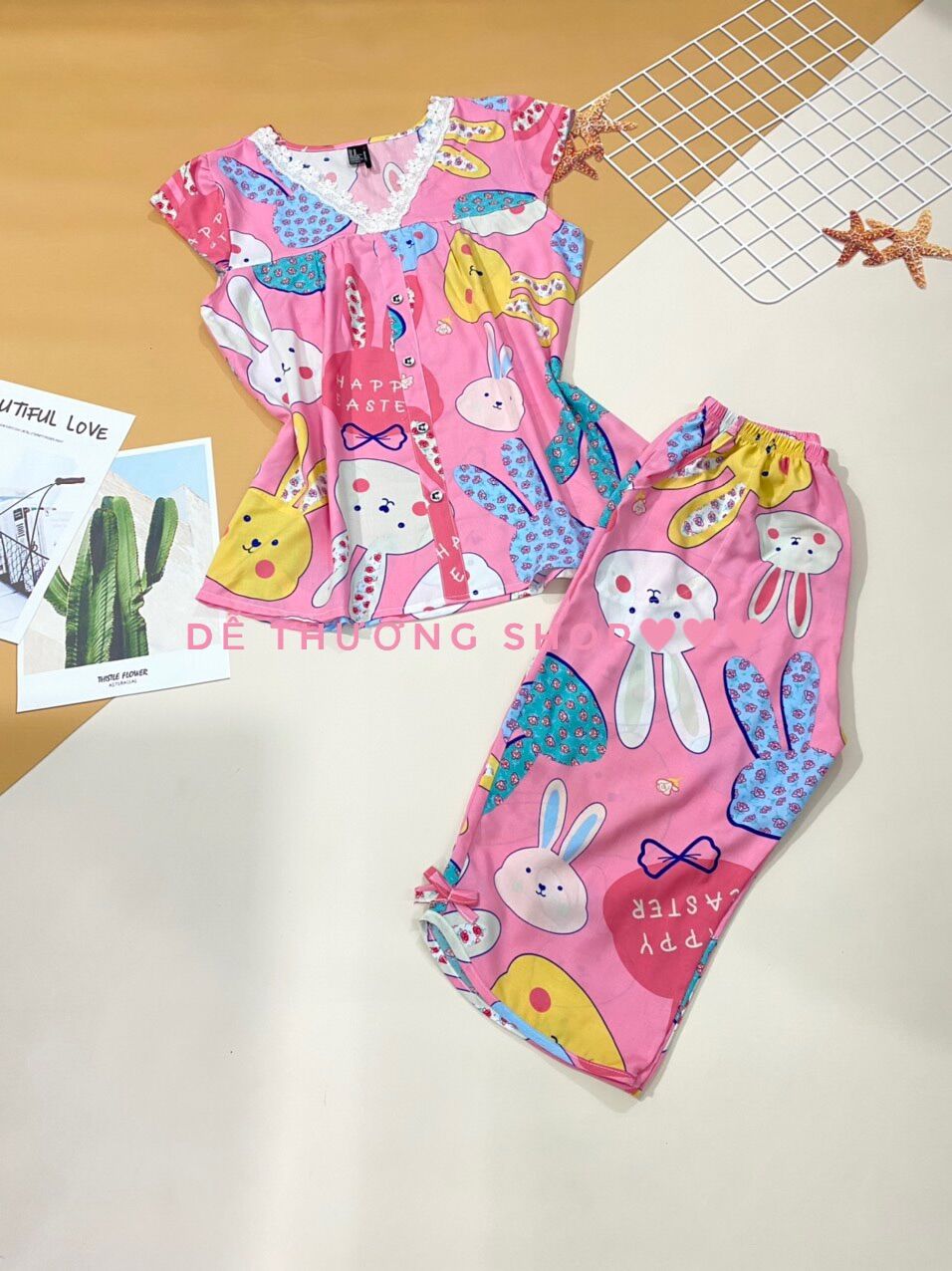 Đồ bộ mặc nhà tole lanh cổ tim viền ren nút giả size 2