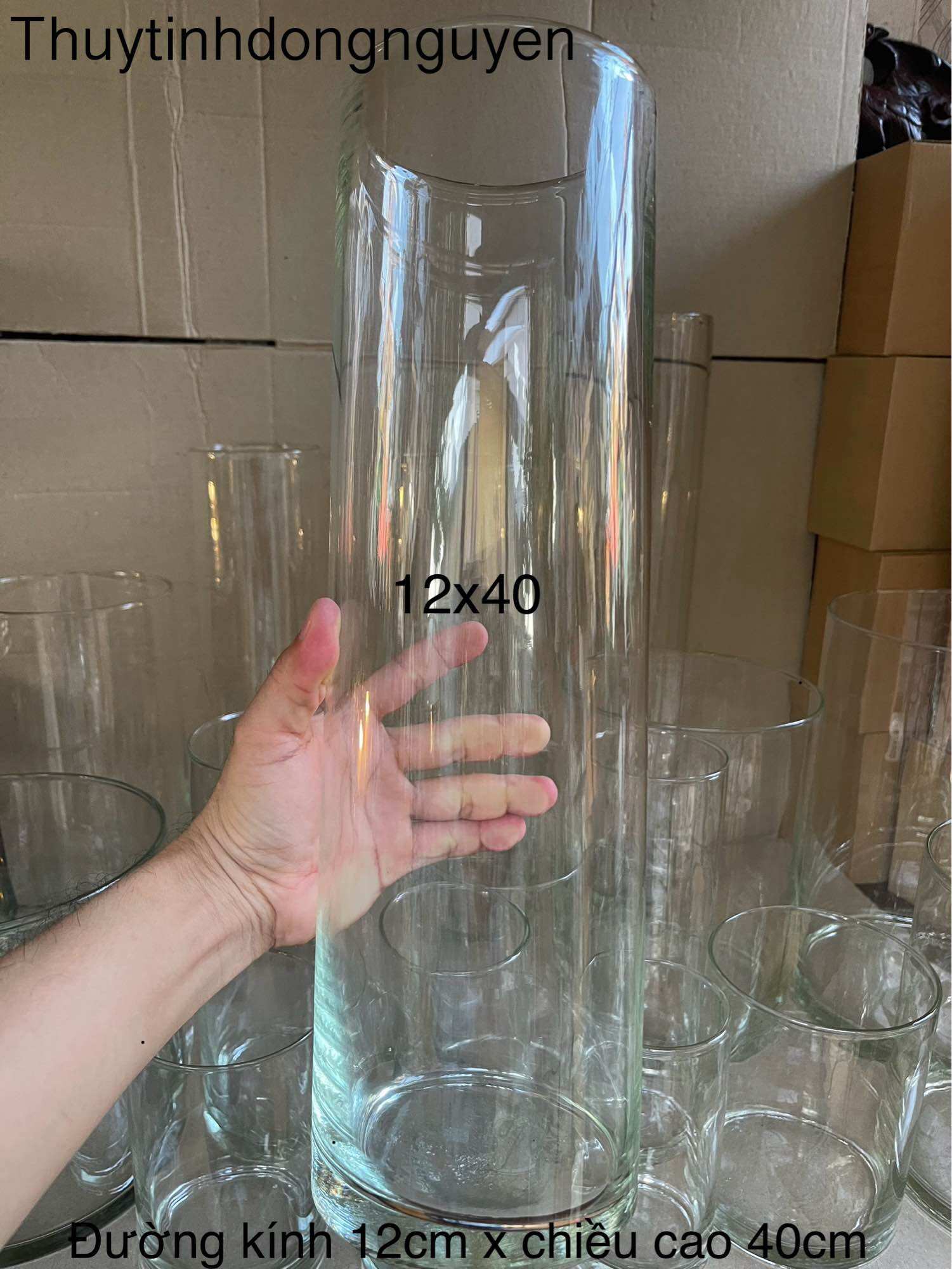 Lọ hoa bình bông thuỷ tinh trụ tròn 12x40cm