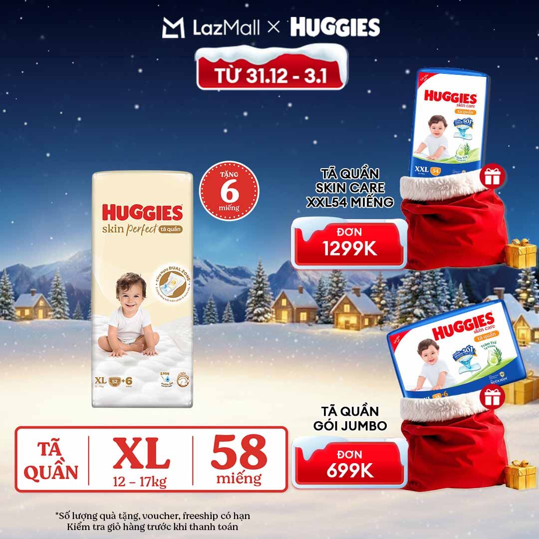   CHỈ 20h 31.12-03.01 QUÀ TẶNG ĐH 699K  Tã quần Huggies Skin Perfect XL size Super Jumbo 52+6 miếng - Nhiều Phiên bản 