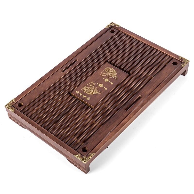 Khay Gỗ Ấm Chén Bọc Viền Đồng 43x28x5.5
