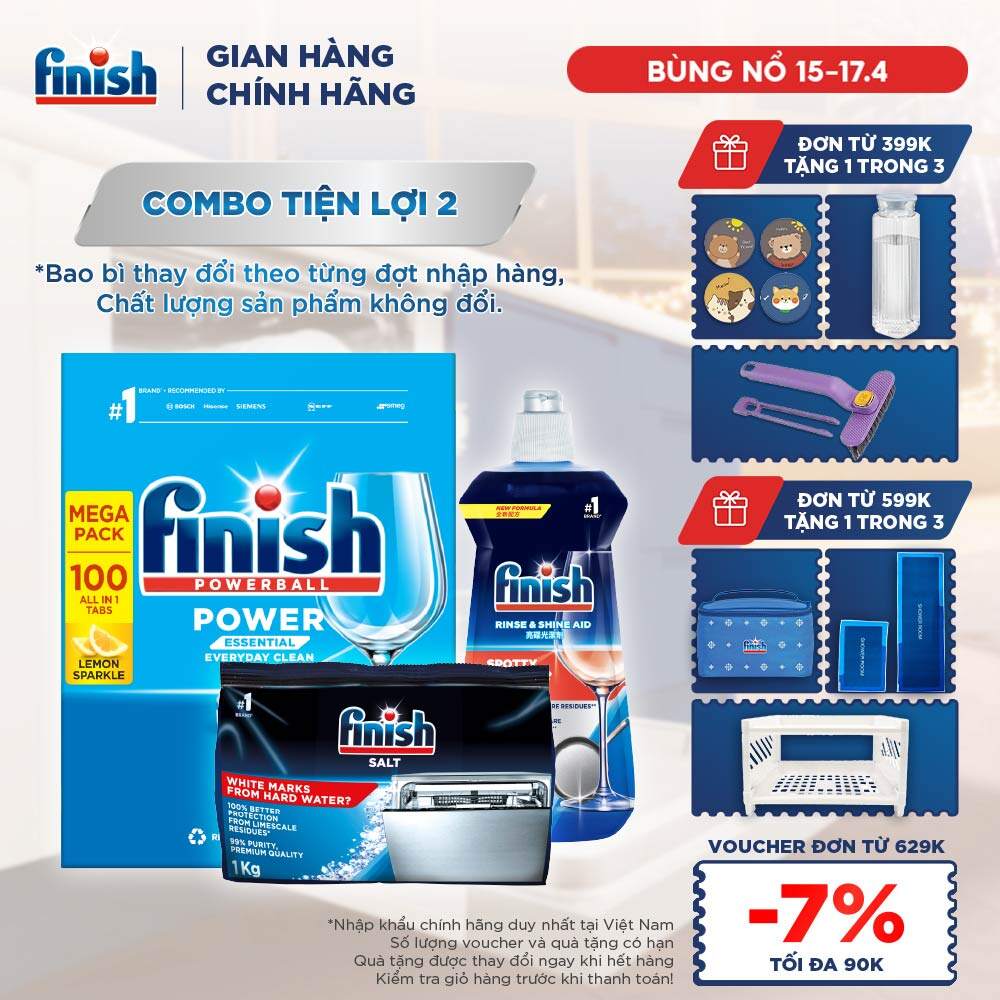 Combo Finish tiện lợi 2: Hộp 100 Viên Rửa Bát Finish Essential + Nước Làm Bóng 500ml + Muối Rửa Chén