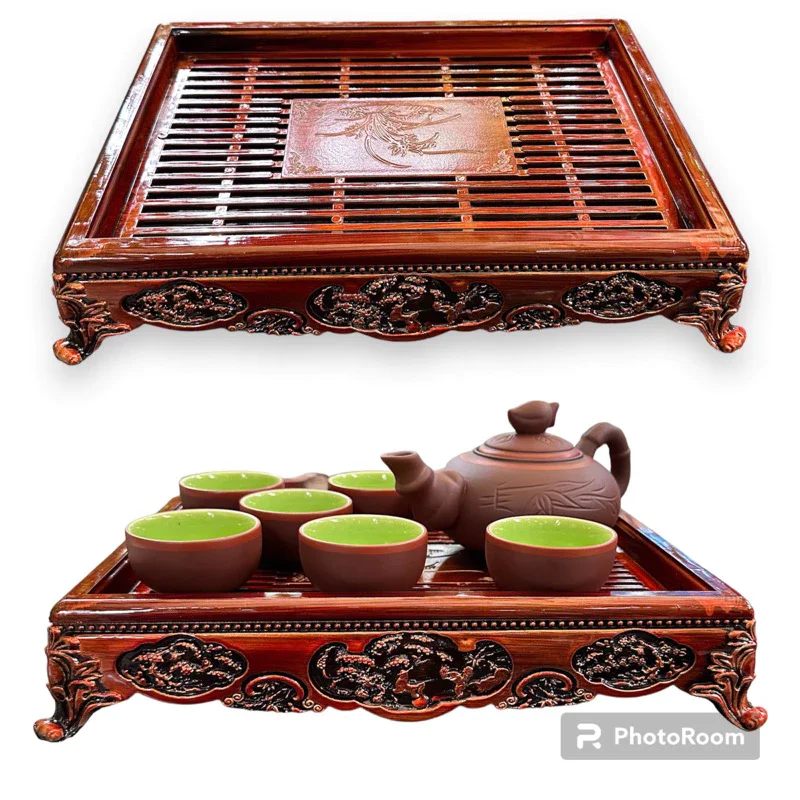 Khay trà dáng sập nhựa giả gỗ cao cấp sang trọng chất sang trọng độ bền cao, khay đựng ấm chén trà
