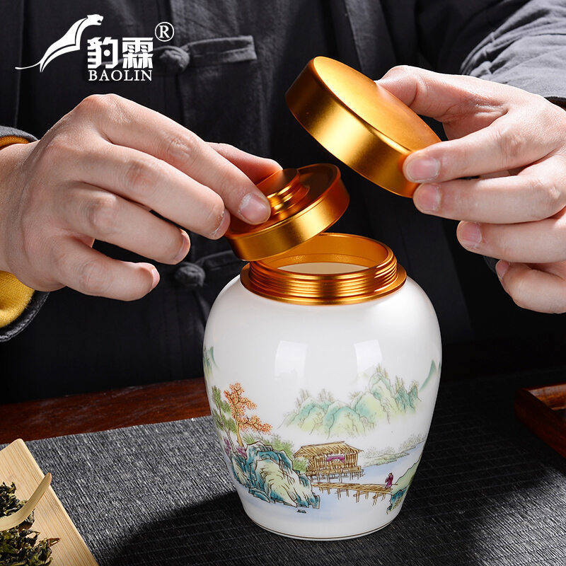 Hũ đựng lá trà đơn ngọc bích trắng sơn vàng baolin hũ đựng kín hũ làm việc gia dụng hũ đựng lá trà dung tích lớn
