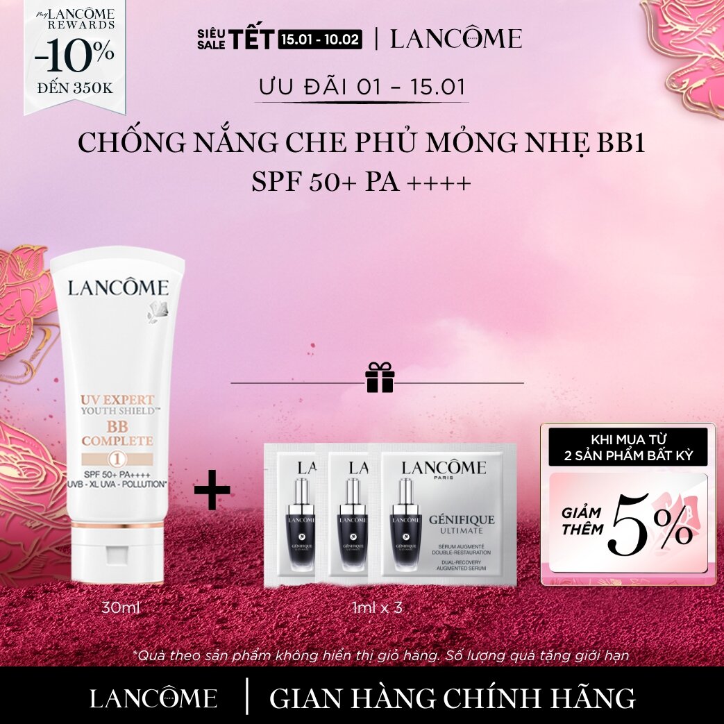   CHỈ 1-15 1 - Voucher 10% - TỐI ĐA 350K  Kem chống nắng có màu che phủ hoàn hảo Lancome UV Expert BB COMPLETE 1 SPF 50+ PA++++ 30ml - Tone màu sáng  Quà không hiển thị giỏ hàng  