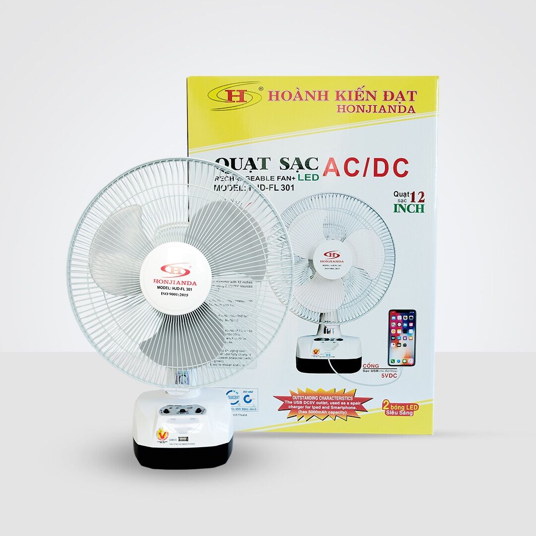 Quạt sạc tích điện,2 chế độ ac/dc,có đèn led,khe sạc điện thoại khẩn cấp