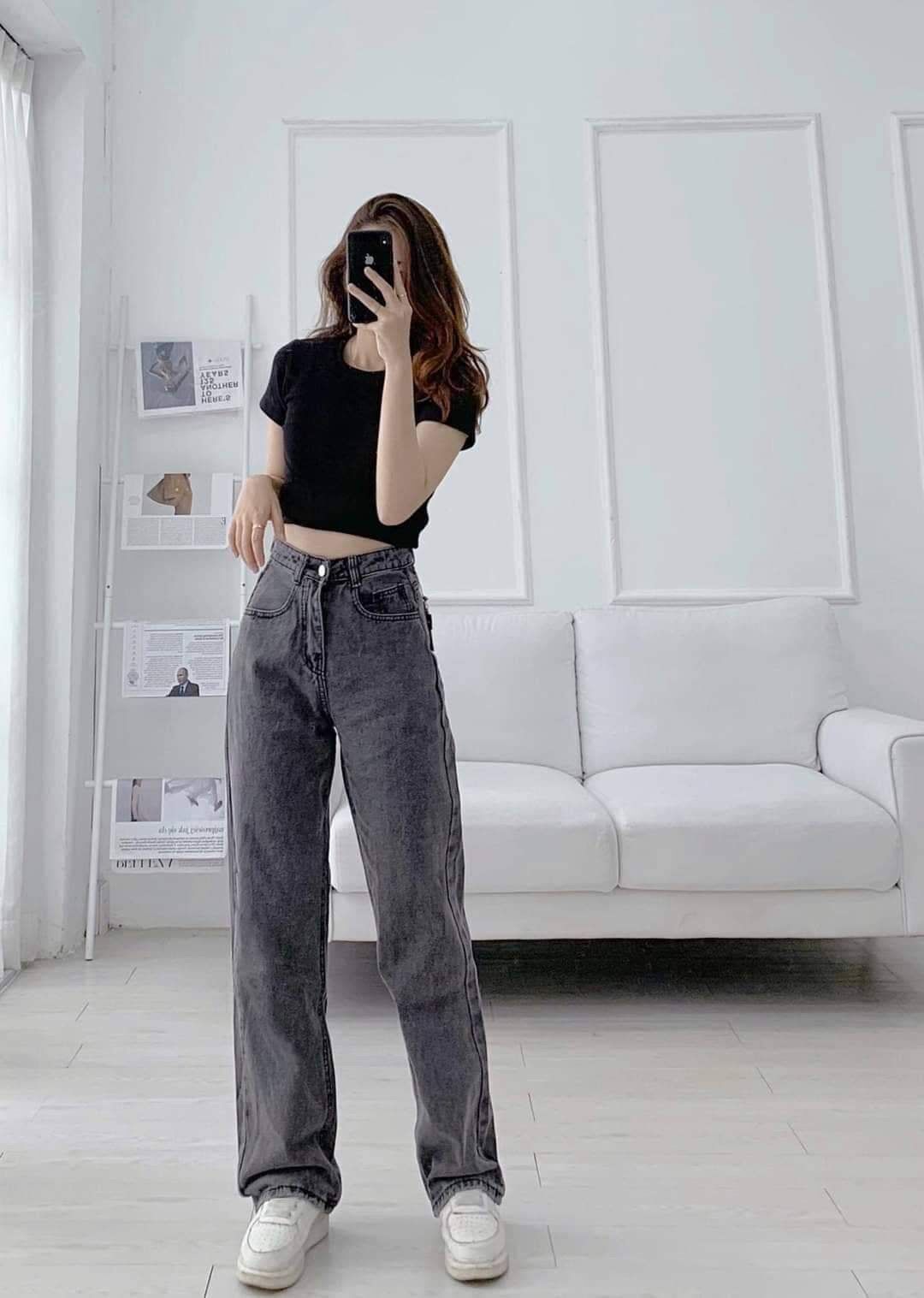 Quần jean xuông basic cạp cao siêu đẹp