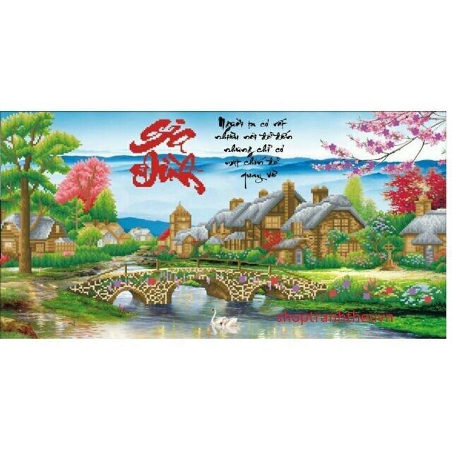 Tranh đính đá phong cảnh gia đình df290/ 110x60cm/ chưa đính đá