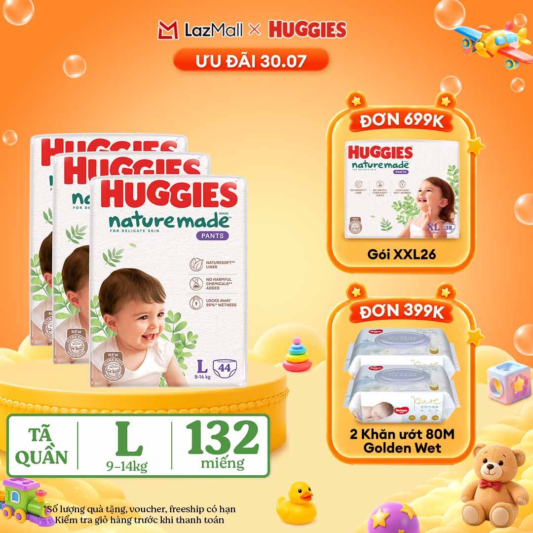 [30.7 QUÀ TẶNG ĐƠN 399K]  Combo 3 Tã/Bỉm quần HUGGIES PLATINUM NatureMade L44 (9-14kg)-Gói Jumbo 44 miếng