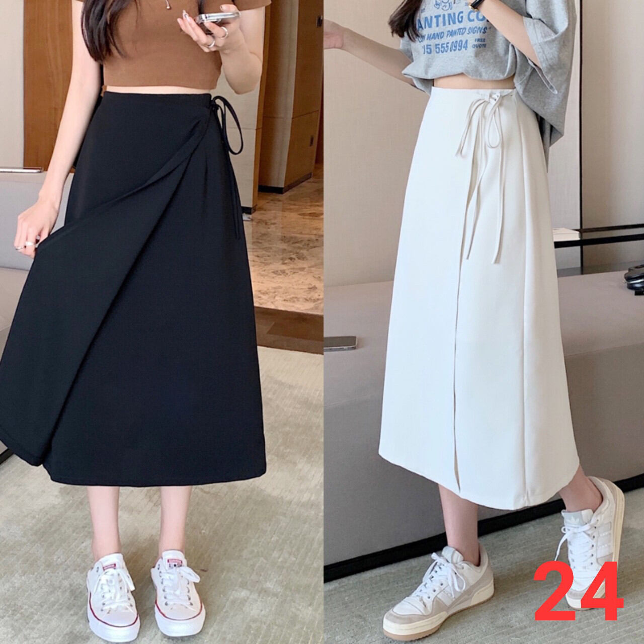 Chân váy ulzzang dáng dài tà chéo thắt nơ tiểu thư, chân váy midi Dư Tú Lệ Shop