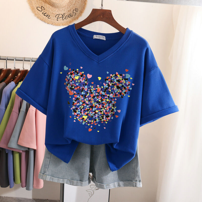 Áo Phông Nữ Tay Ngắn Cổ Chữ V Dành Cho Số Ít Người Cảm Giác Thiết Kế 2023 Cotton, Áo Nữ Tay Lửng Cỡ To Mẫu Mới Mùa Hè, Áo Instagram Sành Điệu