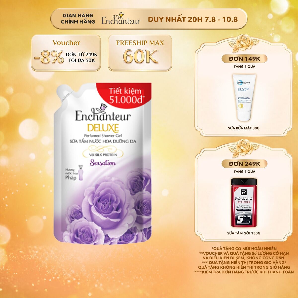 Túi Sữa Tắm hương nước hoa dưỡng da Enchanteur Sensation/Charming 450g/640g