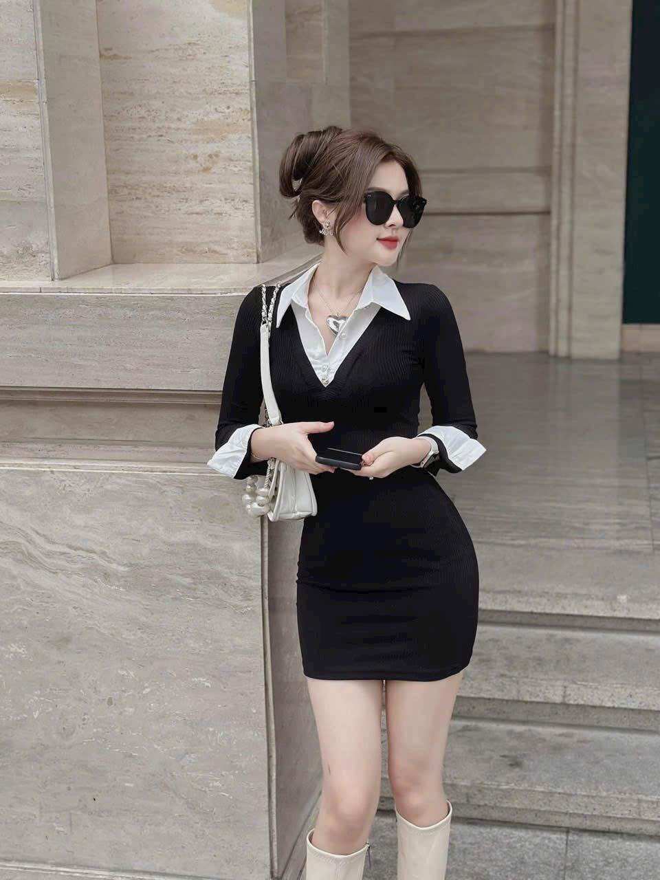 ĐẦM THUN PHỐI CỔ SƠ MI ÔM BODY CĂNG ĐÉT DSPM9