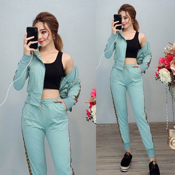 Sét Đồ Bộ Thể Thao, vải da cá tici xịn,Áo Khoác tay dài phối khoá kéo, quần dài phối sọc