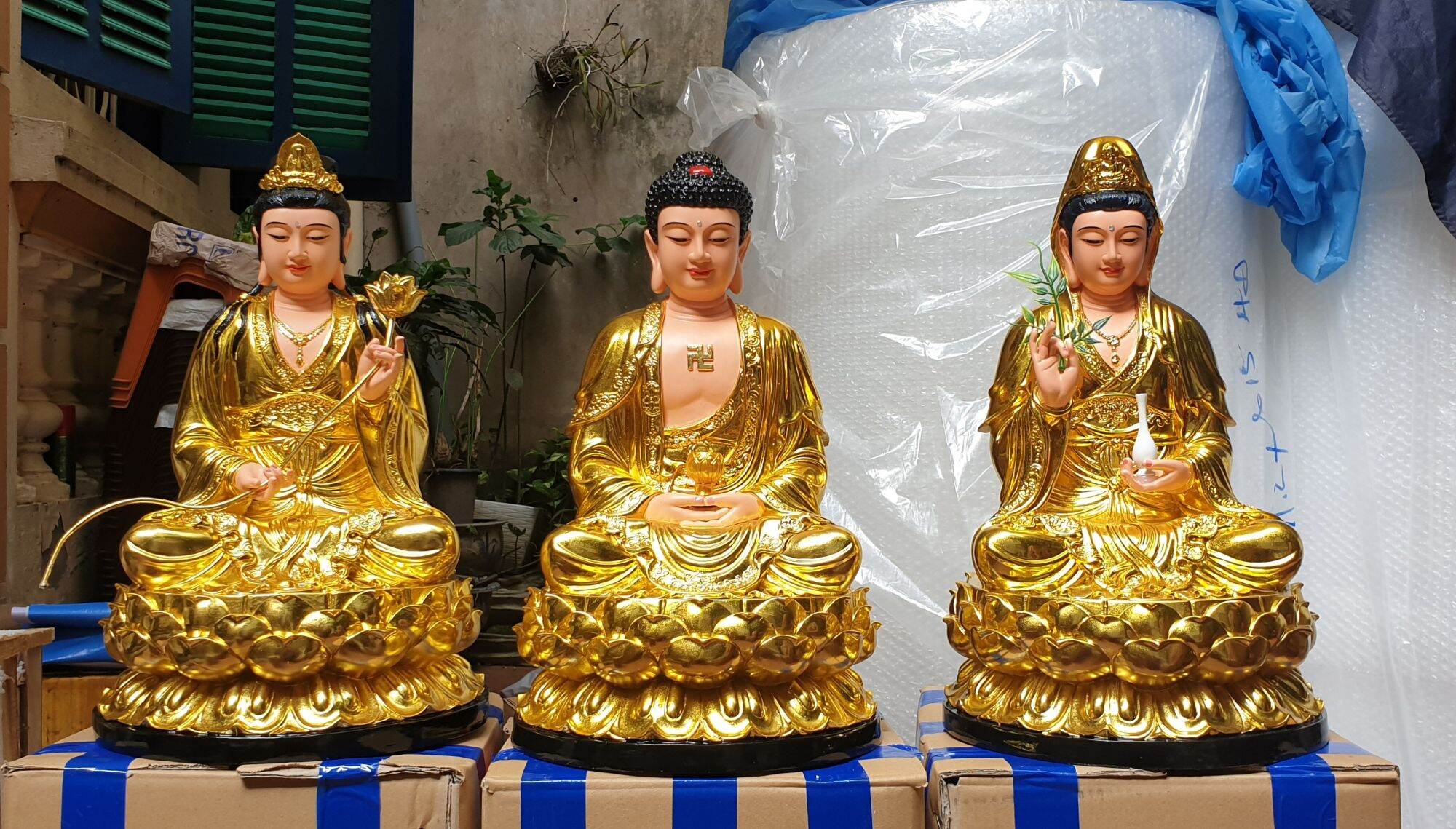 Bộ tượng Tây Phương tam thánh ngồi dát vàng 50cm (không bao gồm lá đề