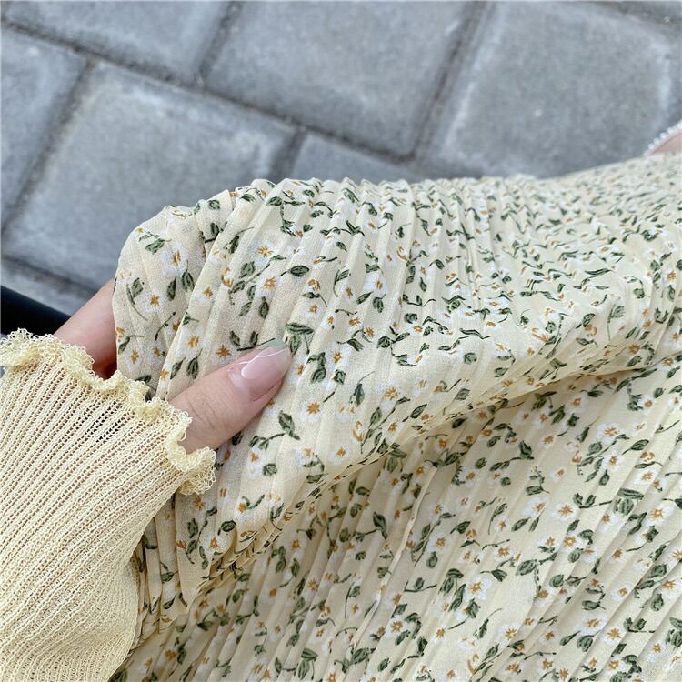 Chân váy hoa nhí dập li nhỏ có lót trong - Chân váy dài xoè chiffon hoa nhí ulzzang chất đẹp LUMII