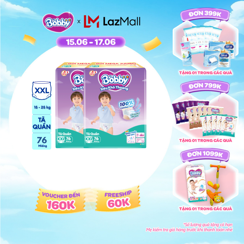 [Từ 22-23 tặng QUÀ TO-SLCH] Combo 2 Tã/bỉm quần Bobby 3mm Mega Jumbo Siêu khô thoáng XXL76 [Bao bì thay đổi theo từng đợt nhập hàng]