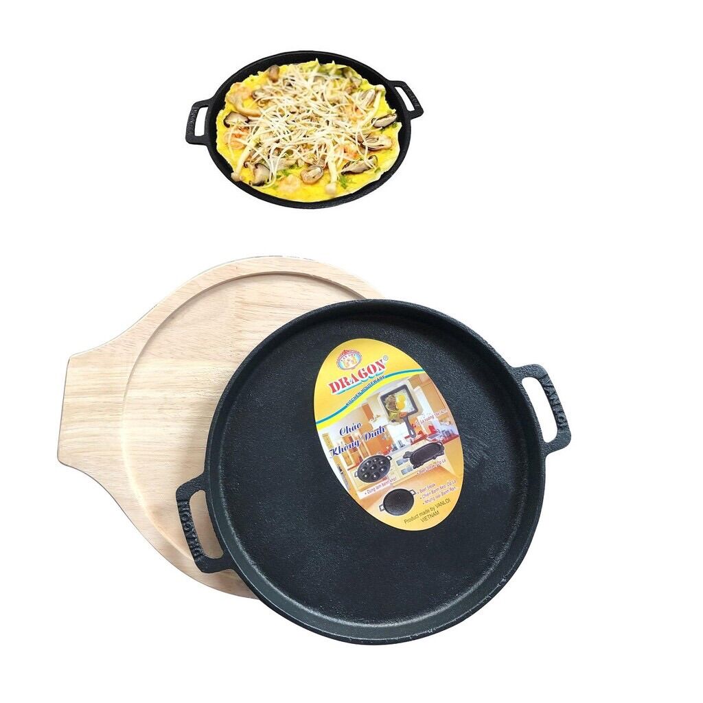 Chảo gang chống dính đổ bánh xèo,ốp La kèm đế lót Gỗ Dragon