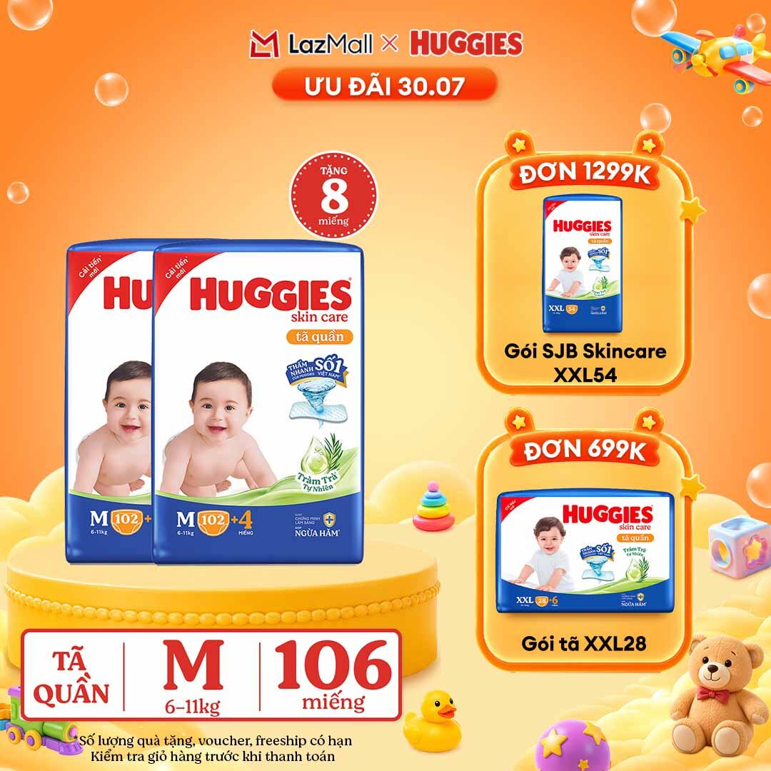 [30.7 GIẢM THÊM 90K] Combo 2 Gói Tã/bỉm quần HUGGIES SKINCARE MEGA JUMBO size M102+4 miếng