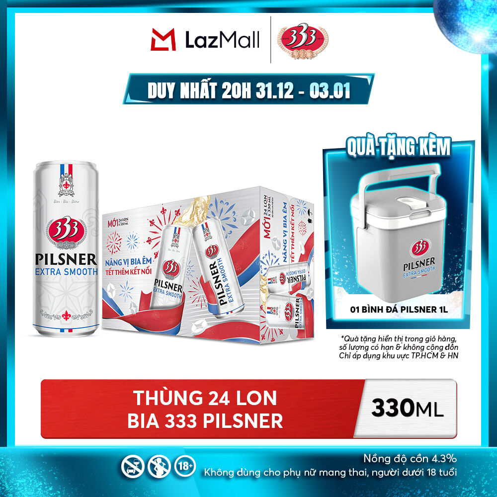  Nồng Độ Cồn 4.3% - Thùng 24 Lon Bia 333 Pilsner 330ml 