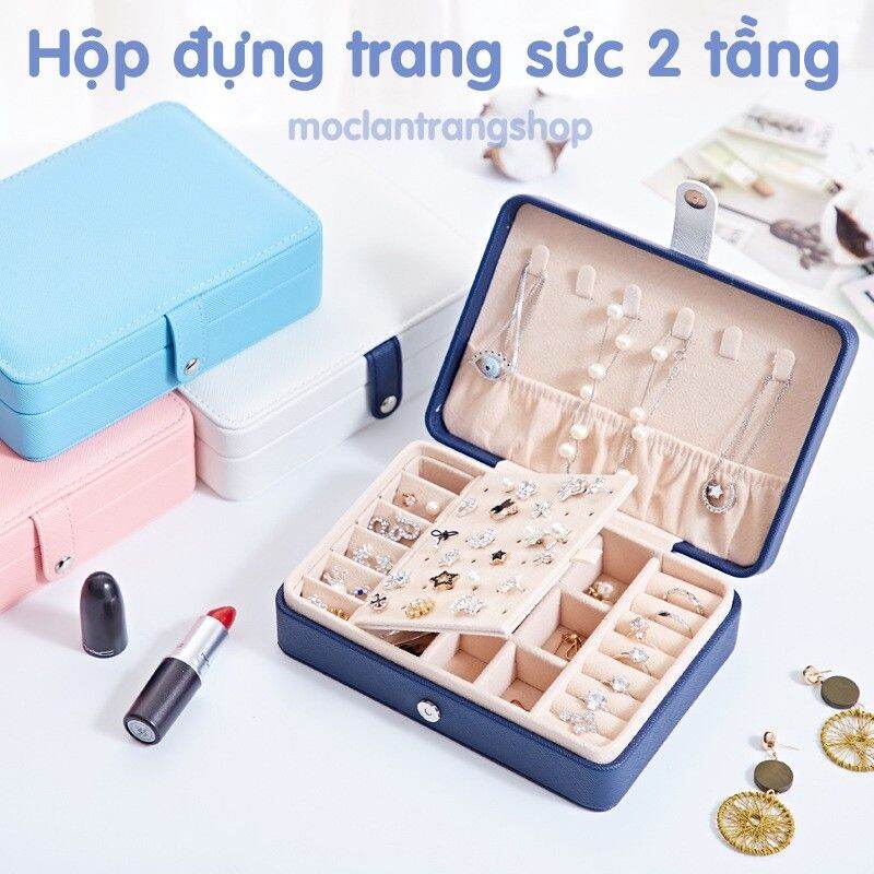 Hộp đựng trang sức 2 tầng nhỏ gọn cầm tay, khóa nam châm, ví đựng đồ nữ trang bông tai dây chuyền nhẫn kẹp tóc vuông da xước cao cấp chống nước