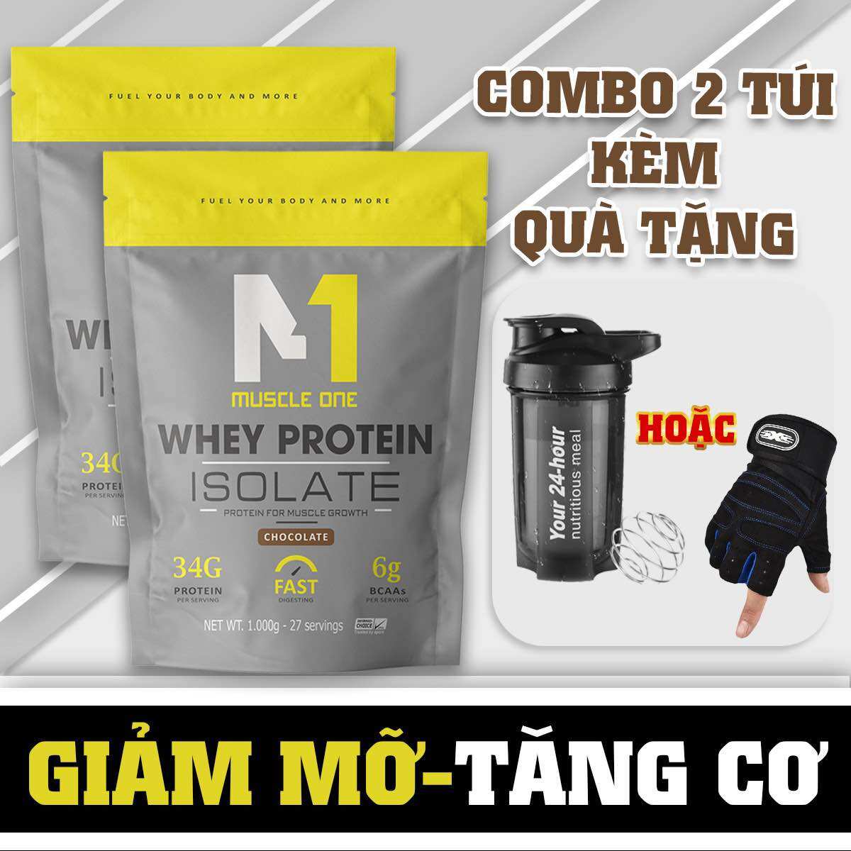  Sữa tăng cơ giảm mỡ whey protein isolate MUSCLE ONE 2kg  combo 2 túi tặng quà  