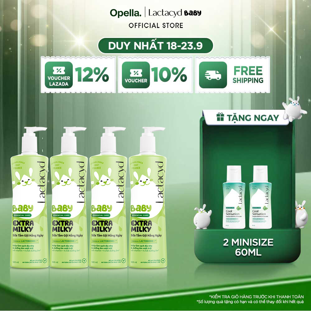 Bộ 4 chai Sữa Tắm Gội Trẻ Em Lactacyd Baby Extra Milky Làm Sạch Dịu Nhẹ và Dưỡng Ẩm Vượt Trội 500ml/chai