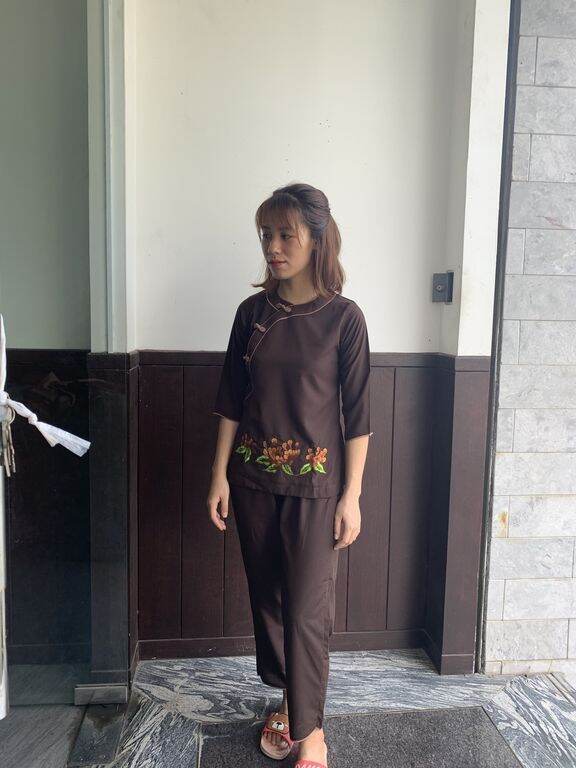 Bộ nữ đi chùa vải kate viền đôi