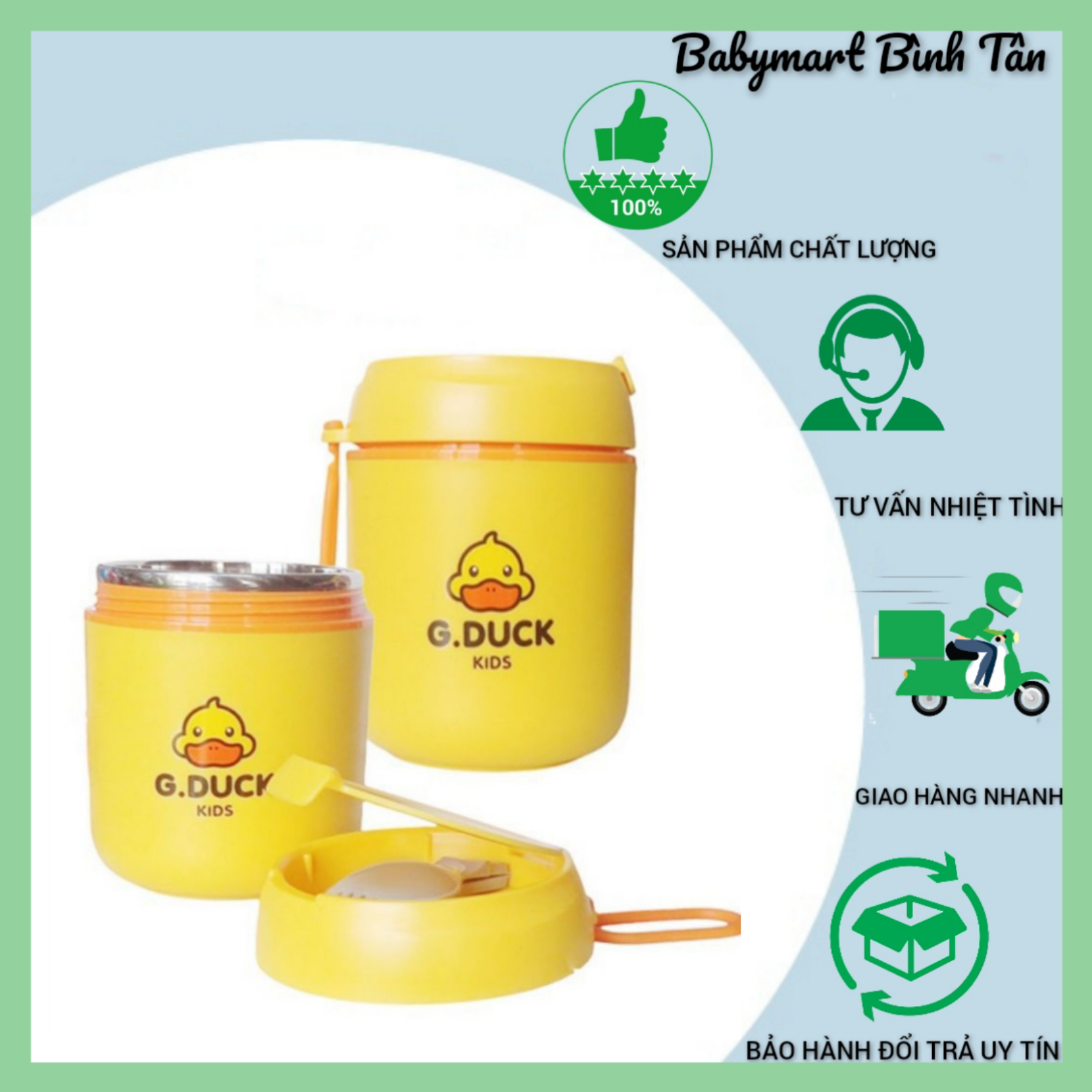 Bình ủ cháo cho bé, ca ủ cháo vịt vàng, ba lớp cách nhiệt, loại lớn 500ml, ủ cháo, tặng kèm muỗng