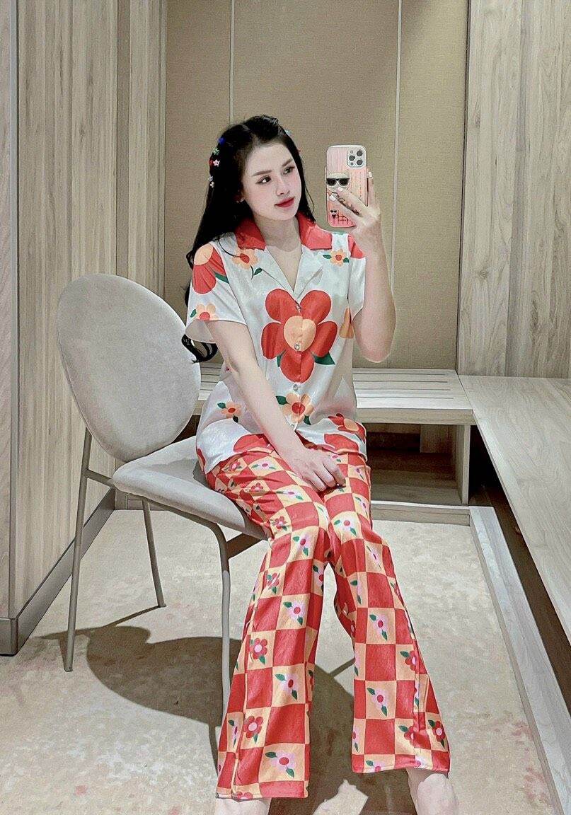 Freesize dưới 55kg - đồ bộ tk lụa xước, pijama cd hình khủng long siêu iu