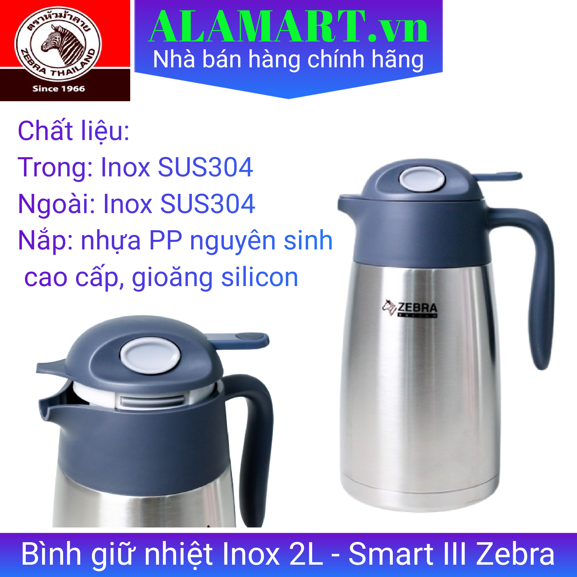 Bình giữ nhiệt Inox 2L Zebra - Smart III - 112950