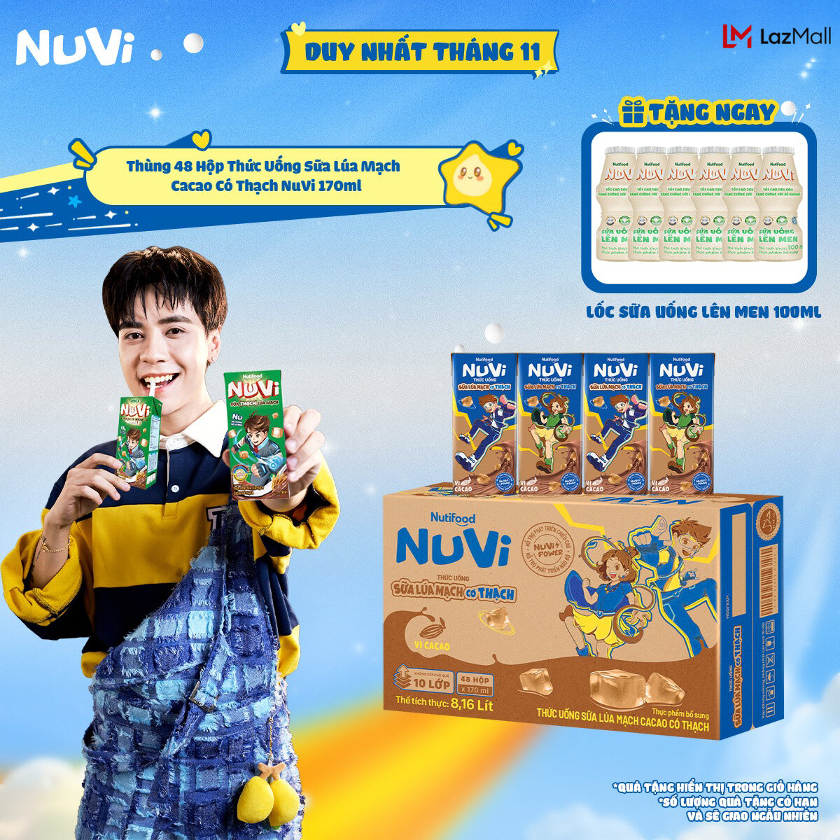 Thùng 48 Hộp Thức Uống Sữa Lúa Mạch Cacao Có Thạch NuVi 170ml