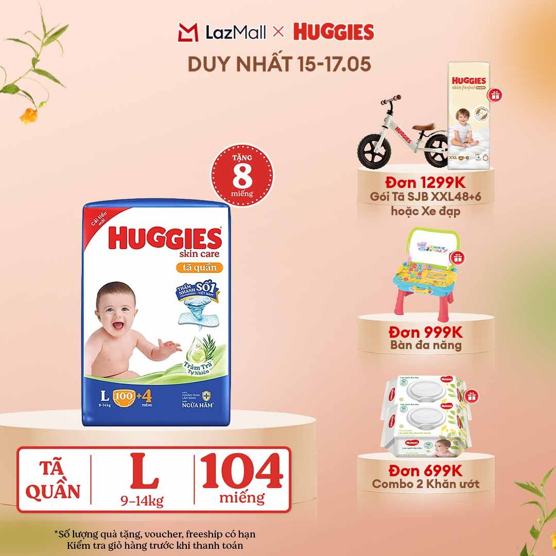 [CHỈ 15-17.05 GIẢM THÊM 90K]  Gói Tã/bỉm quần HUGGIES SKINCARE MEGA JUMBO size L100+4 miếng