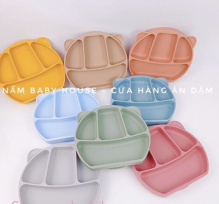 Khay ăn dặm silicon hình gấu có đế hít chống trượt cho bé ăn dặm