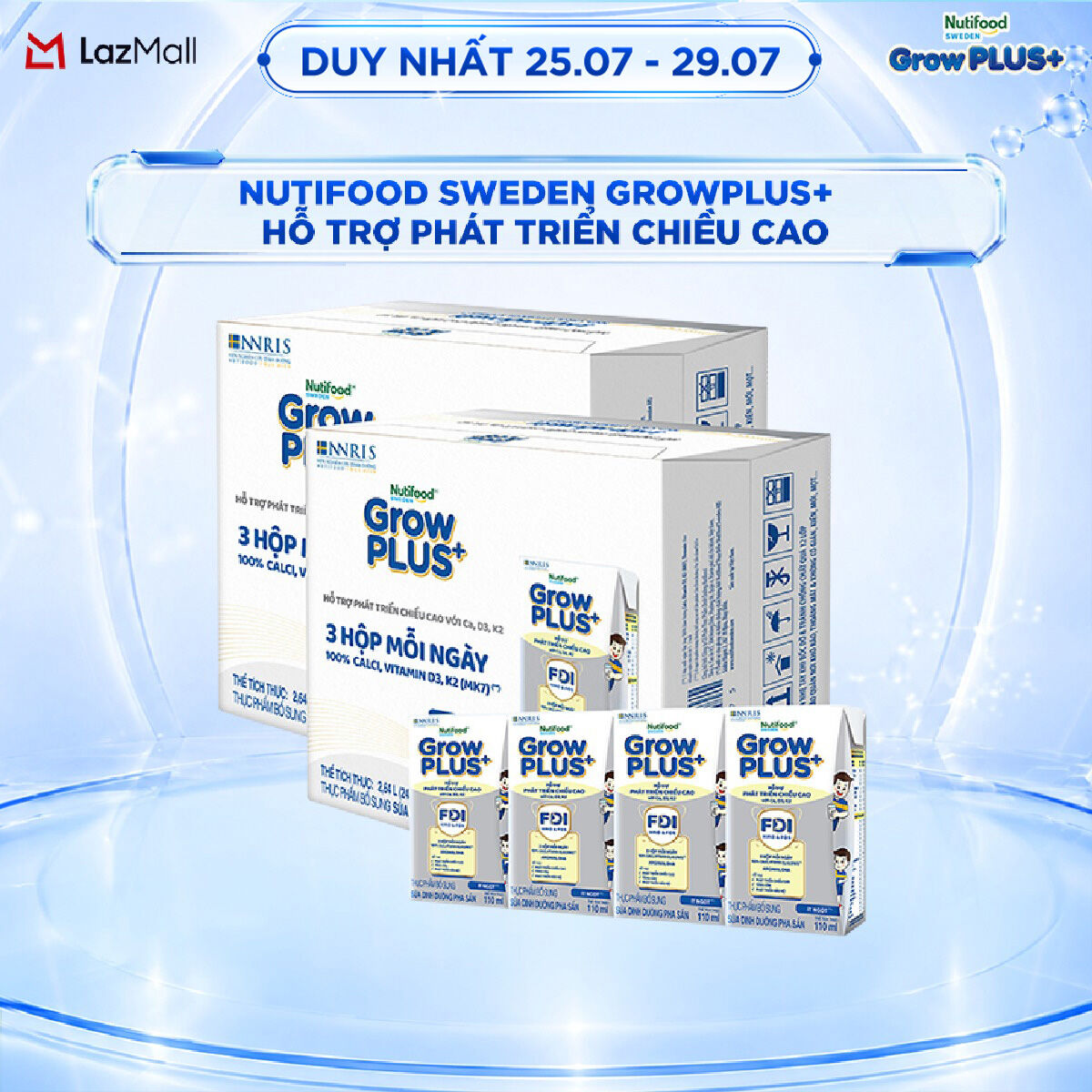 Combo 2 thùng Sữa Nước Pha Sẵn Nutifood Sweden GrowPLUS+ Cao lớn vượt trội - Hỗ trợ phát triển chiều cao - Trên 1 tuổi - 24 hộp x 110ml