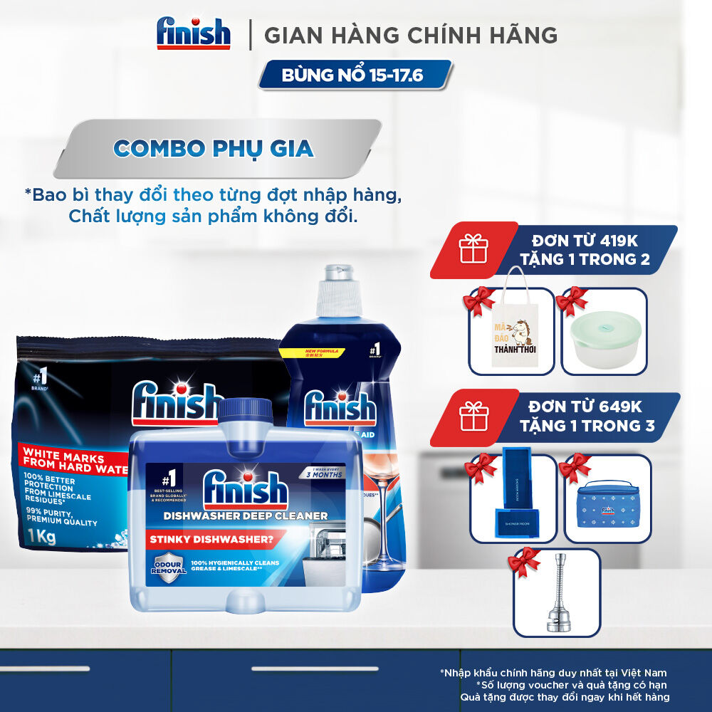 Combo phụ gia Finish: Nước làm bóng 500ml + Dung dịch vệ sinh máy 250ml + Muối rửa chén bát