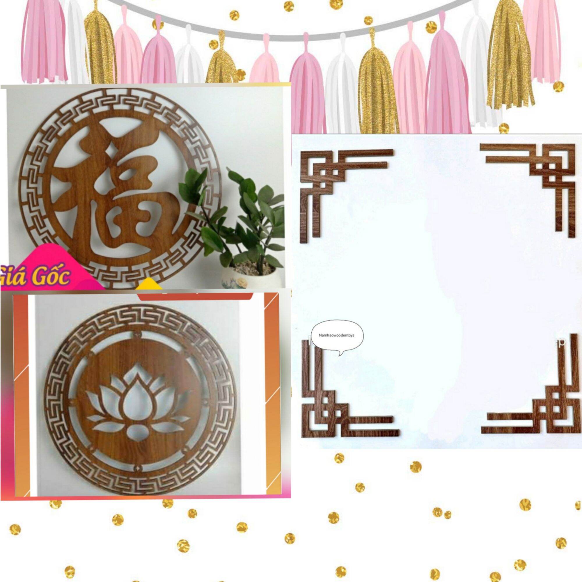 Tranh, tấm hoa sen, chữ phúc hán ốp 4 góc trang trí bàn thờ, decor dán tường