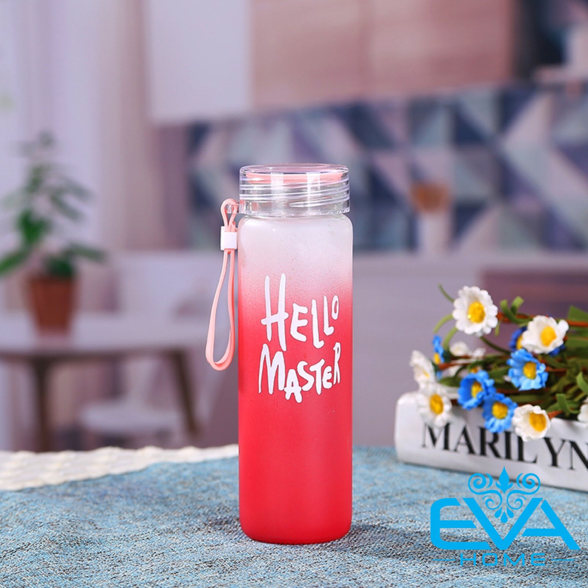 [HCM]Bình Nước Thủy Tinh In Chữ Hello Master 480ML có dây xách