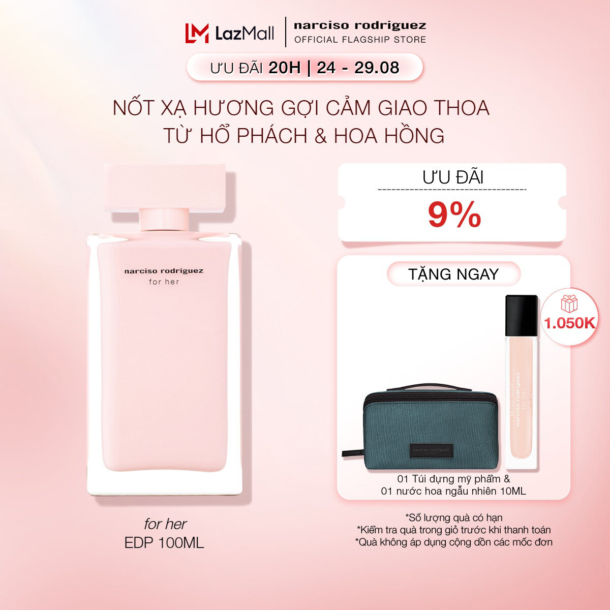[20H | 24 - 29.08 | ƯU ĐÃI ĐẾN 19% + QUÀ TẶNG 1.050K] Nước Hoa nữ Narciso Rodriguez For Her Eau De Parfum 100ml