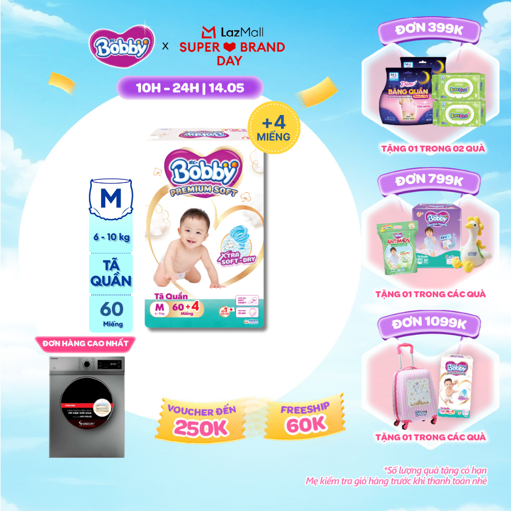 [SALE GIỮA THÁNG tặng QUÀ TO-SLCH][Tặng 4 miếng] Tã quần Bobby Premium Soft size M60
