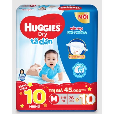 Tã dán huggies size m 76 +10 miếng cho bé từ 6 >11 kg